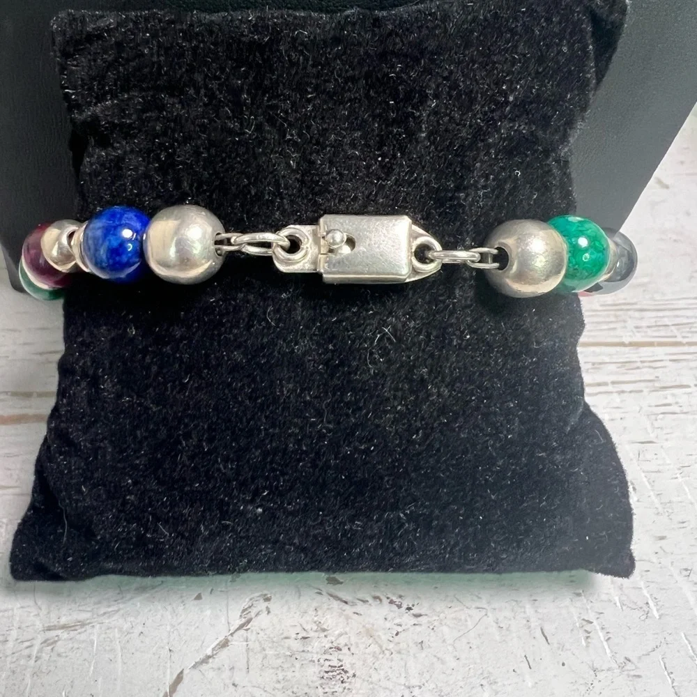 Taxco Mexico Sterling Silver Stone Bracelet 6 3/4” B11 - Picture 2 of 4